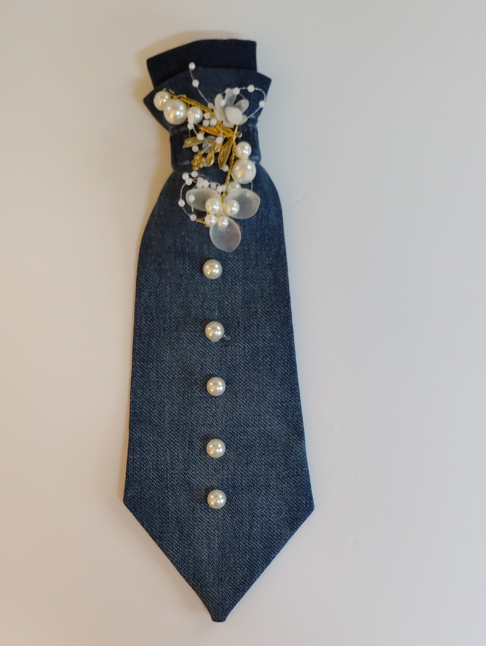 Women's Navy Denim Tie with Pearl and Floral Accent